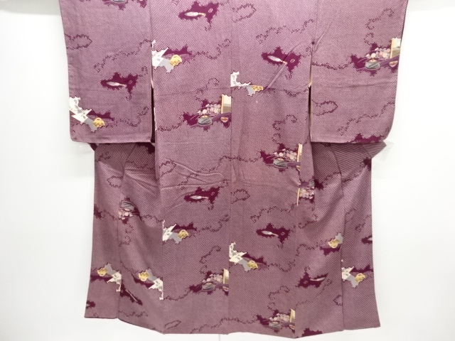 アンティーク　縮緬錦紗逆雲取りに茶道具模様着物